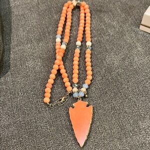 Plastic look like Coral Beaded Necklace with Arrowhead Pendant